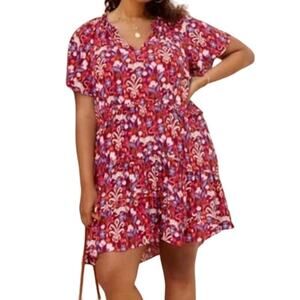 Anthropologie Pink Red Blue Ruffle Flutter Sleeve Dress size S Boho Tomato Girl